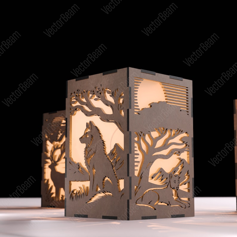 May include: A wooden lamp featuring a wolf and moon design. The lamp is illuminated, with light shining through the cut-out shapes in the wood. The lamp is crafted from brown wood and has a square form.