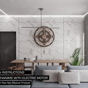 Puede incluir: Una pared de m&aacute;rmol blanco y gris con un reloj de pared de madera geom&eacute;trico moderno con marco de metal negro y motor el&eacute;ctrico. El reloj cuelga del techo con una varilla de metal negro. La pared tambi&eacute;n est&aacute; decorada con una puerta negra y un sof&aacute; gris con almohadas blancas. El texto "+ INSTRUCTIONS MECHANIMS WITH ELECTRIC MOTOR Digital Files Not Physical Product" est&aacute; en la parte inferior de la imagen.