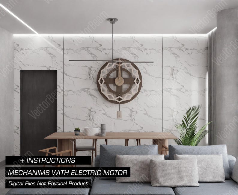 Puede incluir: Una pared de m&aacute;rmol blanco y gris con un reloj de pared de madera geom&eacute;trico moderno con marco de metal negro y motor el&eacute;ctrico. El reloj cuelga del techo con una varilla de metal negro. La pared tambi&eacute;n est&aacute; decorada con una puerta negra y un sof&aacute; gris con almohadas blancas. El texto "+ INSTRUCTIONS MECHANIMS WITH ELECTRIC MOTOR Digital Files Not Physical Product" est&aacute; en la parte inferior de la imagen.