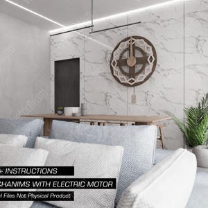 Puede incluir: Un interior de sala de estar moderno con un gran reloj geom&eacute;trico en la pared. El reloj tiene un marco de madera y un fondo blanco con detalles negros. La habitaci&oacute;n est&aacute; decorada en un estilo minimalista con paredes blancas y un sof&aacute; gris. El sof&aacute; tiene varios cojines y est&aacute; colocado frente a una mesa de madera. El texto "MECHANISMS WITH ELECTRIC MOTOR" es visible en la parte inferior de la imagen.