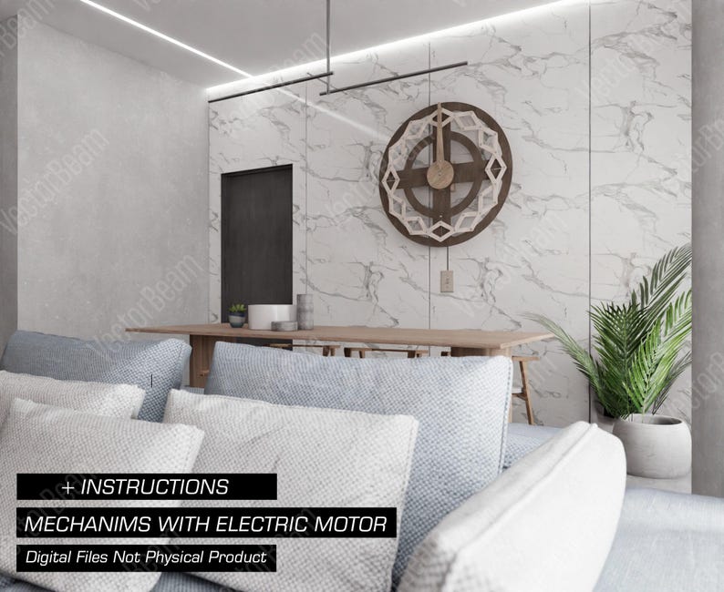 Puede incluir: Un interior de sala de estar moderno con un gran reloj geom&eacute;trico en la pared. El reloj tiene un marco de madera y un fondo blanco con detalles negros. La habitaci&oacute;n est&aacute; decorada en un estilo minimalista con paredes blancas y un sof&aacute; gris. El sof&aacute; tiene varios cojines y est&aacute; colocado frente a una mesa de madera. El texto "MECHANISMS WITH ELECTRIC MOTOR" es visible en la parte inferior de la imagen.