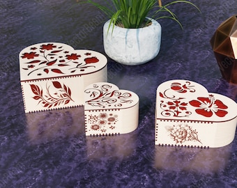 Decorative Wooden Heart Box 3 Laser Cut Jeweler Gift Wedding Love Box Case Vector model Glowforge cut file Digital Download |#94|