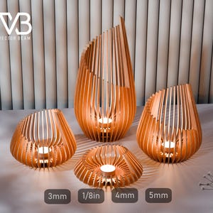 木製の装飾キャンドルホルダー レーザーカット SVG ファイル Glowforge 木製キャンドルスティック SVG ベクター DXF テーブルランプ ベクター レーザー CNC パターン |#201|