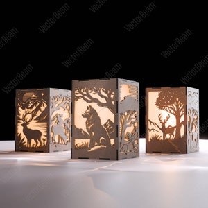 Herten onder boom natuur kaars houder Laser gesneden Kids Dragon wilde natuur houder lamp hout lantaarn votief cadeau | SVG, DXF, AI, eps, pdf