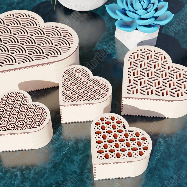 Decorative Wooden Heart Box 5 Laser Cut Jeweler Gift Wedding Love Box Case Vector model Glowforge cut file Digital Download |#101|