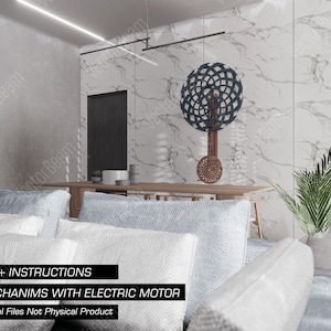 Puede incluir: Un modelo 3D de una escultura cin&eacute;tica con un dise&ntilde;o circular y un motor el&eacute;ctrico. La escultura est&aacute; hecha de madera y metal y est&aacute; suspendida del techo. La escultura se encuentra en una sala de estar moderna con una pared de m&aacute;rmol blanco y un sof&aacute; gris. El texto "MECHANISMS WITH ELECTRIC MOTOR" y "Digital Files Not Physical Product" es visible en la parte inferior de la imagen.
