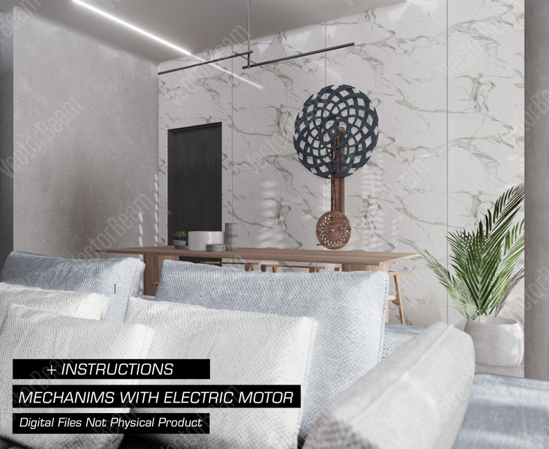 Puede incluir: Un modelo 3D de una escultura cin&eacute;tica con un dise&ntilde;o circular y un motor el&eacute;ctrico. La escultura est&aacute; hecha de madera y metal y est&aacute; suspendida del techo. La escultura se encuentra en una sala de estar moderna con una pared de m&aacute;rmol blanco y un sof&aacute; gris. El texto "MECHANISMS WITH ELECTRIC MOTOR" y "Digital Files Not Physical Product" es visible en la parte inferior de la imagen.