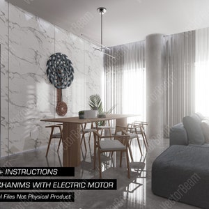 Puede incluir: Un reloj impreso en 3D con un dise&ntilde;o azul y plateado cuelga de una pared de m&aacute;rmol blanco en una sala de estar moderna. El reloj tiene un p&eacute;ndulo largo y se coloca sobre un fondo de sof&aacute; gris, mesa de comedor de madera y cortinas blancas.