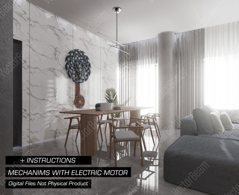 Puede incluir: Un reloj impreso en 3D con un dise&ntilde;o azul y plateado cuelga de una pared de m&aacute;rmol blanco en una sala de estar moderna. El reloj tiene un p&eacute;ndulo largo y se coloca sobre un fondo de sof&aacute; gris, mesa de comedor de madera y cortinas blancas.