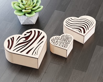 Caixa de coração de madeira 3 caixas de corte a laser para presente casamento caixa de amor modelo vetorial arquivo de corte Glowforge download digital |#99|