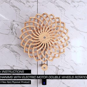 May include: A wooden wall clock with a distinctive geometric design. The clock has a light brown, layered, spiral-like structure with a central circular hub. The clock has a pendulum and the text reads "+ INSTRUCTIONS MECHANIMS WITH ELECTRIC MOTOR DOUBLE WHEELS ROTATION".