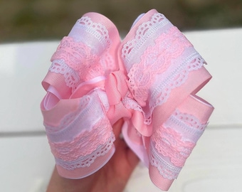 Handmade Boutique Baby Bow/ Large Boutique Bow/ Unqiue Baby Bow/ Made Out of High Quality Grosgrain & Lace/ Statement Bow/ Texas Big Bow