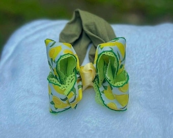 Lemon Baby Bow Headband – Summer Baby Girl Hair Bow with Lace – Newborn to Toddler Headwrap – Boutique Bow for Baby Photos