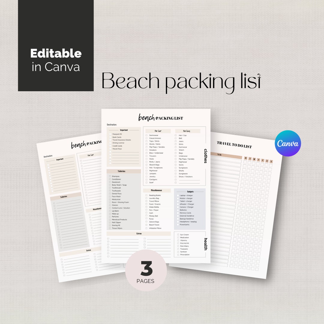 Travel Packing List Beach Checklist Template Editable Vacation ...