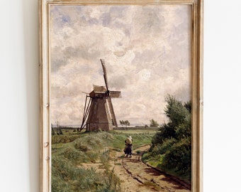 Antique Windmill Print | Vintage Country Landscape Painting | Vintage Prints EN | PRINTABLE Digital Art | 142