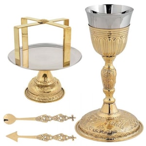Brass Chalice Set - Gold plated Communion Set - Communion Chalice - Brass chalice set of 5 items: Holy Glass, Disk, Asterisk, Spear,Tweezers