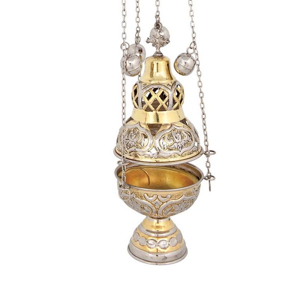 Brûle-encens d'église en or avec chaînes, nouvel encensoir, récipients pour prêtre - Original fait main sans charbon de bois, laiton liturgique et métal orthodoxe