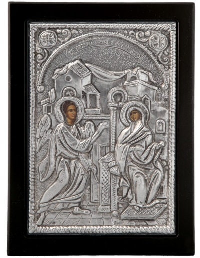 Traditional/The Annunciation of Virgin/Image on wood coated with 925 silver/Religious holy icon/VIRGIN MARY/Best Christmas gift silver 925