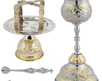 Brass Chalice Set - Gold plated Bicolor Set - Communion Chalice - Brass chalice set of 5 items: Holy Glass, Disk, Asterisk, Spear,Tweezers