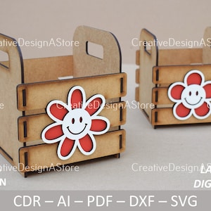 Modelo de corte a laser para cesta de presente ou flores, arquivo DXF SVG como presente de aniversário ou presente de dia das mães e decoração para casa em 4 tamanhos e 2 designs