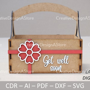 Caixa de presente de chocolate para melhorar logo ou modelo de cesta de flores com corte a laser com fita e margarida SVG DXF para presentes 3 tamanhos 4 designs
