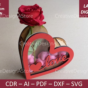 Caixa de presente em formato de coração com abertura, modelo de arquivo digital, caixa de joias cortada a laser, modelo DXF a laser, caixa de presente para dia dos namorados, SVG, 2 tamanhos