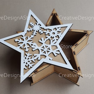 クリスマス スター ギフト ボックス レーザー ファイル テンプレート SVG ファイル DXF ファイル (雪の結晶の切り抜き詳細付き)