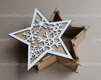 Christmas Star Gift Box Laser File Template SVG File DXF File with Snowflake Cutout Detail