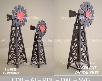 3D drehbare Windmühle Puzzle Laser Cut Vorlage DXF SVG CDR Datei 3 Größen 1 Design als dekoratives Geschenk oder Projekt mit Herz-Detail