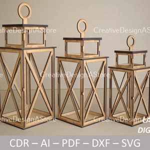 3D Laterne mit Türöffnung für Kerze Laser Cut Vorlage DXF Datei für Weihnachten oder Hochzeit & Home-Dekorationen und Geschenke in 3 Größen
