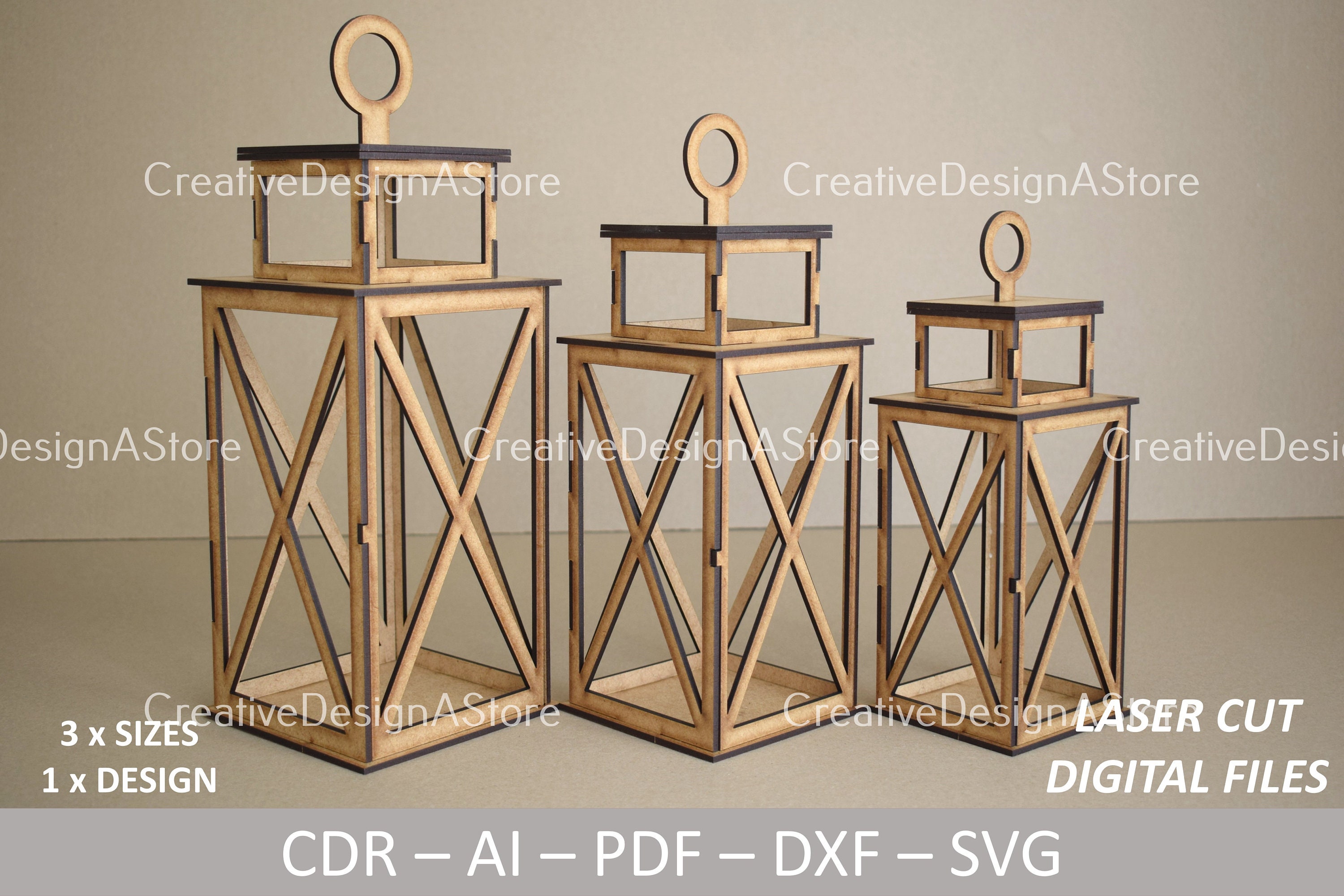 3D Lantern with Opening Door for Candle Laser Cut Template DXF File SVG for Christmas or Wedding & Home Decorations and Gifts in 3 Sizes