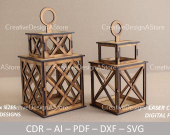 3D Short Lantern with Opening Door for Candle Laser Cut Template DXF File SVG for Christmas or Wedding & Home Decorations or Gifts 3 Sizes