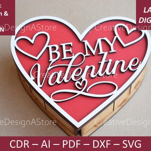 Caixa em formato de coração com recorte digital de design "Seja meu namorado", caixa de joias cortada a laser, modelo DXF a laser, caixa de presente para o Dia dos Namorados, SVG, 3 tamanhos