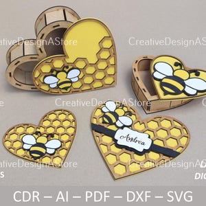 Heart Bee Hive chocoladedoos met deksel lasergesneden bestand sjabloon SVG DXF-bestand voor Moederdag verjaardagscadeau 3 maten en 4 ontwerpen Glowforge-bestand