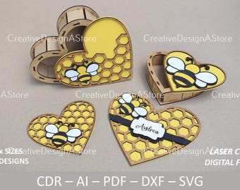 Heart Bee Hive Chocolate Box with Lid Laser Cut File Template SVG DXF File for Mother's Day Birthday Gift 3 Sizes & 4 Designs Glowforge File