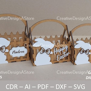 Plantilla de archivo cortado con láser para obsequio de conejito de Pascua o canasta de flores Archivo SVG DXF para obsequios de cumpleaños y Pascua 3 tamaños y 3 diseños Archivo Glowforge