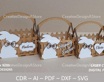 Easter Bunny Gift or Flower Basket Laser Cut File Template SVG DXF File for Birthday and Easter Gifts 3 Sizes & 3 Designs Glowforge File
