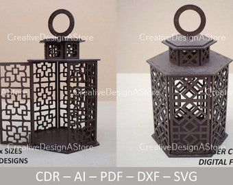 3D Lantern with Opening Door for Candle Laser Cut Template DXF File SVG for Christmas or Wedding & Home Decorations and Gifts in 3 Sizes