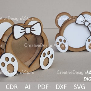 Teddy Geschenkbox Laser Cut Dateivorlage mit Fenster SVG DXF mit Herz & Band Design für Valentinstag Geburtstag Ostern 1 Größe 2 Designs