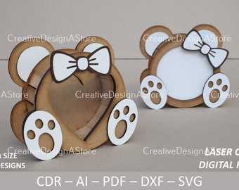 Teddy Gift Box Laser Cut File Template with Window SVG DXF with Heart & Ribbon Design for Valentines Day Birthday Easter 1 Size 2 Designs