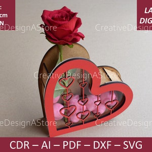 Caixa de presente em formato de coração com abertura, modelo de arquivo digital, caixa de joias cortada a laser, modelo DXF a laser, caixa de presente para dia dos namorados, SVG, 2 tamanhos