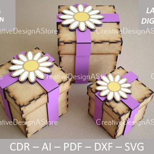 Vierkante geschenkdoos met deksel en madeliefje versiering lasergesneden bestandssjabloon verjaardagscadeau SVG-bestand in 5 maten DXF-bestand verjaardag cadeau-cdr
