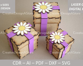 Square Gift Box with Lid & Daisy Embellishment Laser Cut File Template Birthday Gift SVG File in 5 Sizes DXF File Anniversary Gift CDR