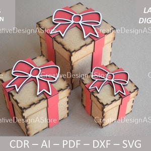 Caja de regalo cuadrada con tapa y cinta decorativa. Plantilla de archivo cortado con láser. Regalo de cumpleaños. Archivo SVG en 5 tamaños. Archivo DXF. Regalo de aniversario. CDR.