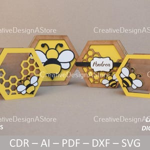 Szablon pliku wycinanego laserowo w kształcie sześciokątnego ula | Z projektem okna SVG DXF na prezent urodzinowy 4 rozmiary i 4 wzory | Plik Glowforge
