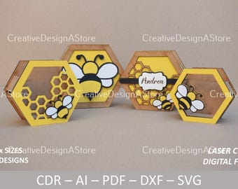 Hexagon Bee Hive Gift Box Laser Cut File Template | With Window Design SVG DXF File for Birthday Gift 4 Sizes & 4 Designs | Glowforge File