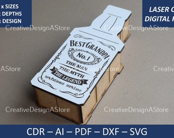Bottle Shaped Gift Box Laser File Template Fathers Day SVG File and Best Grandpa Engraving Detail in 3 Sizes 2 Depths DXF File Birthday Gift