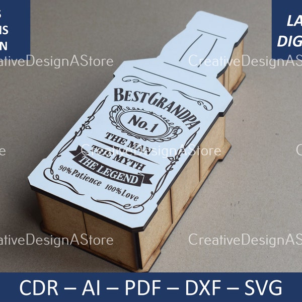 Bottle Shaped Gift Box Laser File Template Fathers Day SVG File and Best Grandpa Engraving Detail in 3 Sizes 2 Depths DXF File Birthday Gift