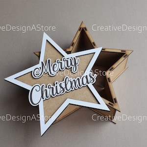 Modèle de fichier laser boîte cadeau étoile de Noël Fichier SVG Fichier DXF avec gravure et découpe de joyeux Noël