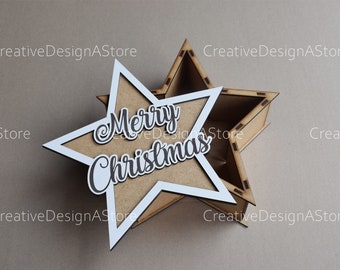 Christmas Star Gift Box Laser File Template SVG File DXF File with Merry Christmas Engraving and Cutout Detail